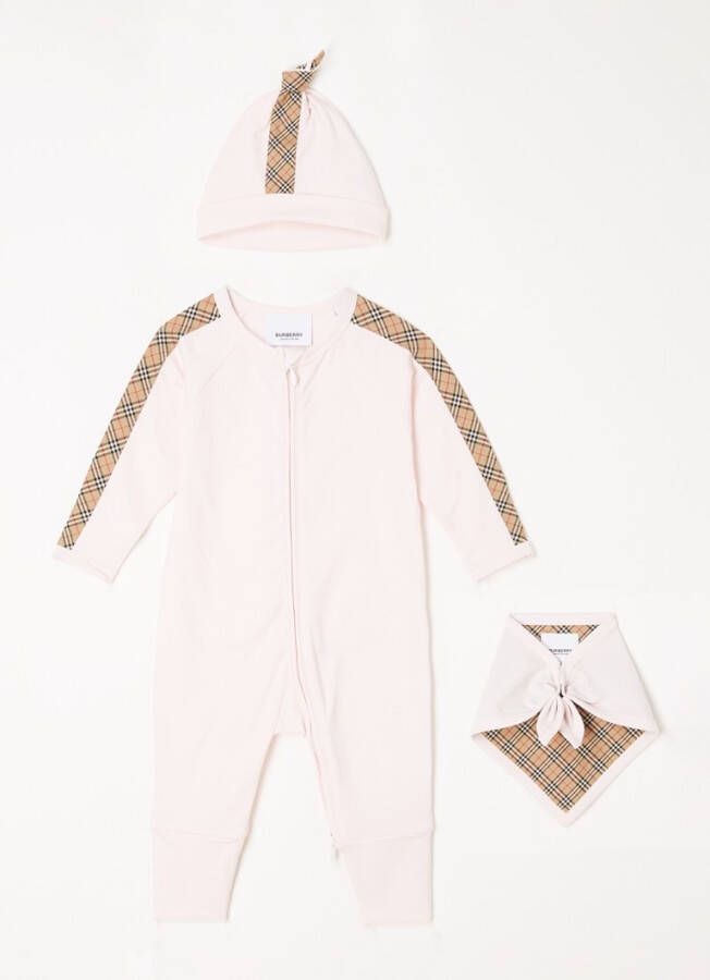 Burberry Giftbox met babypak en muts en slab 3 delig