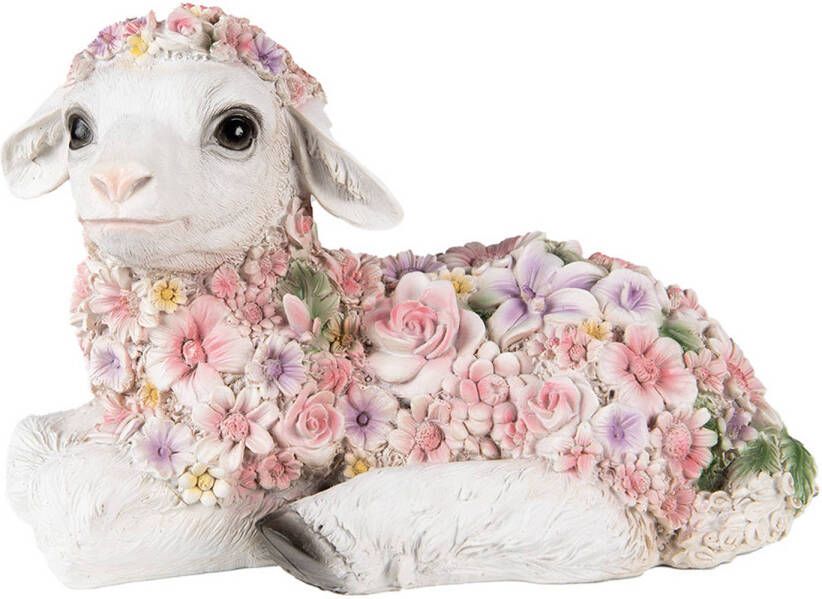 Clayre & Eef Beeld Schaap 25x13x16 Cm Roze Kunststof Bloemen Woonaccessoires Beeld Decoratie Decoratieve Accessoires