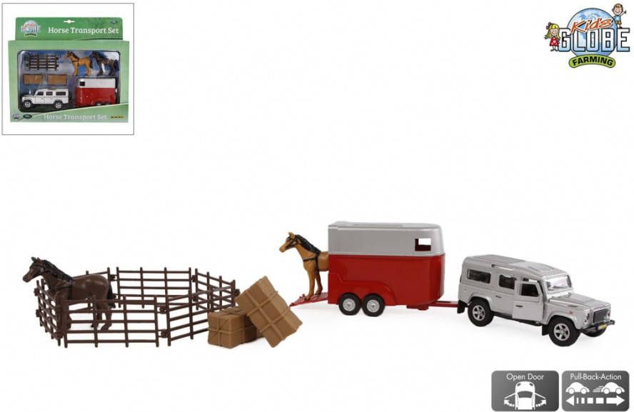 Massamarkt Kids Globe Land Rover Met Paardentrailer En Accessoires Die Cast Pull Back 26cm